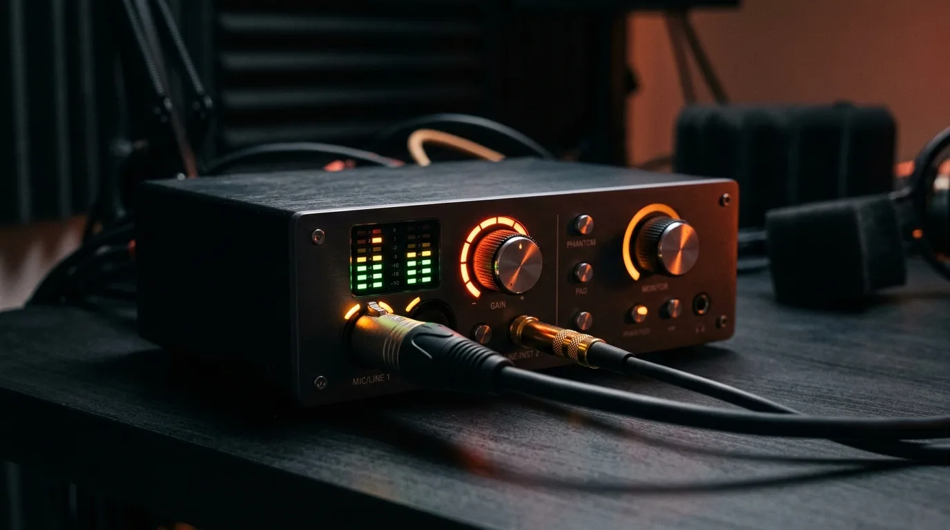 Interface audio avec vumètres et câbles XLR/jack branchés