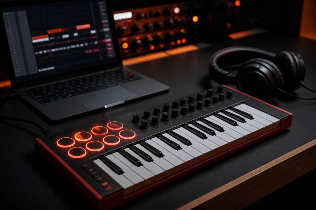 Contrôleur MIDI rouge et noir sur un bureau de studio sombre et premium