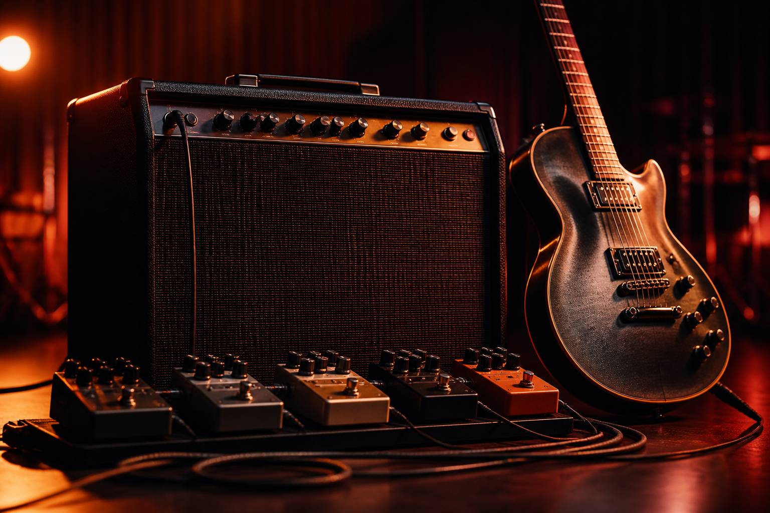 Amplificateur de guitare avec des pédales d'effets posées au sol