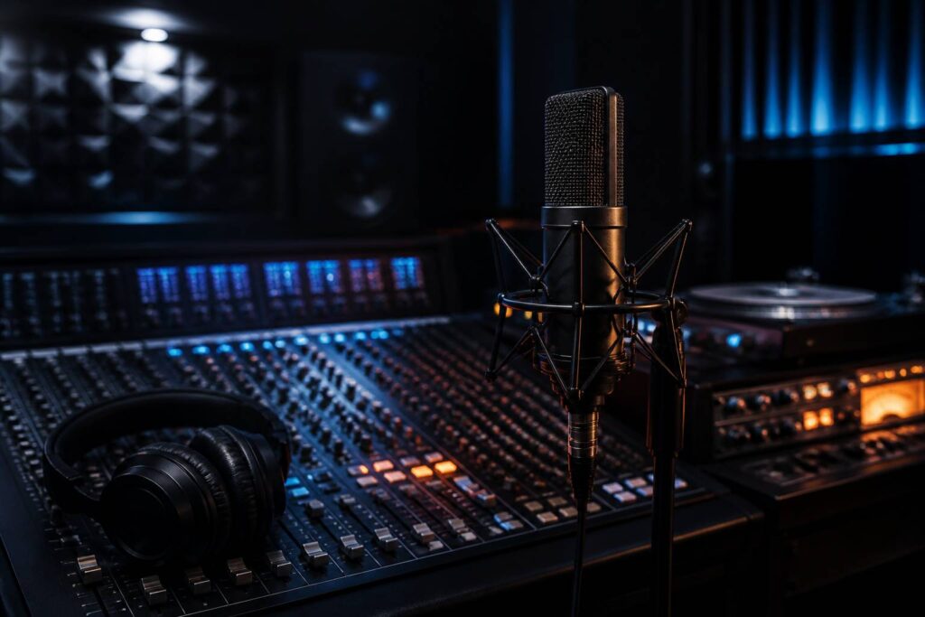 Studio d'enregistrement sombre avec micro, console de mixage et panneaux acoustiques