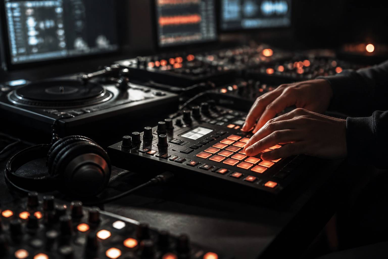 Mains appuyant sur des pads lumineux d'un sampler en studio