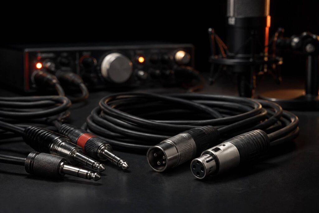 Câbles audio professionnels Jack et XLR aux embouts métalliques sur une table de studio