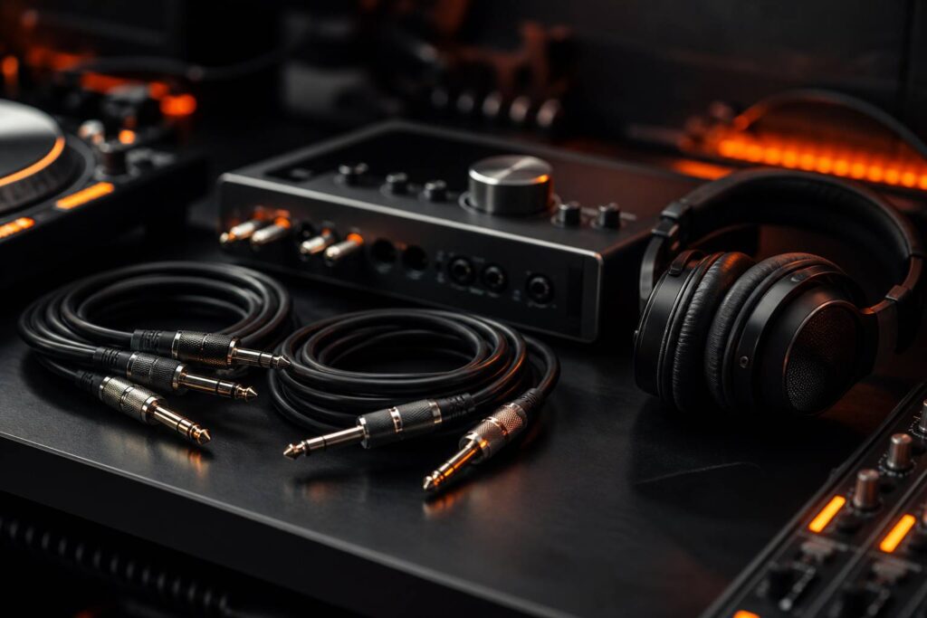 Câbles jack et interface audio sur une table de studio sombre