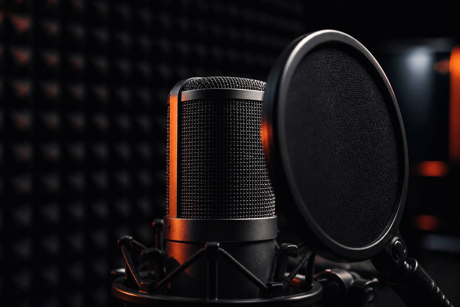Gros plan de la capsule d'un microphone studio avec sa grille métallique