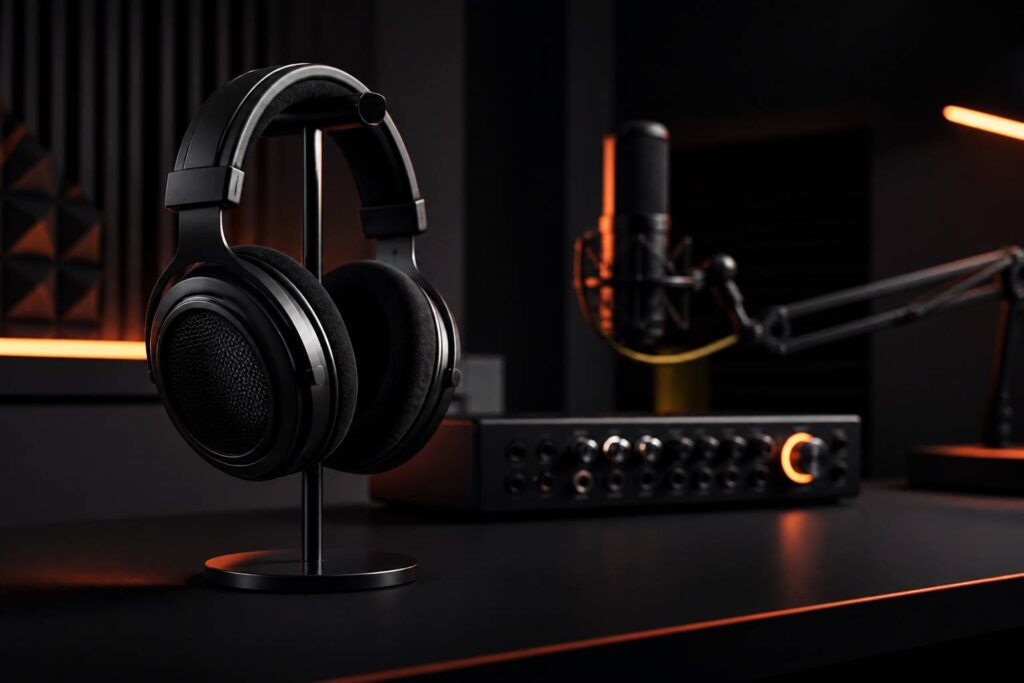 Casque audio ouvert posé sur un support dans un studio sombre et premium