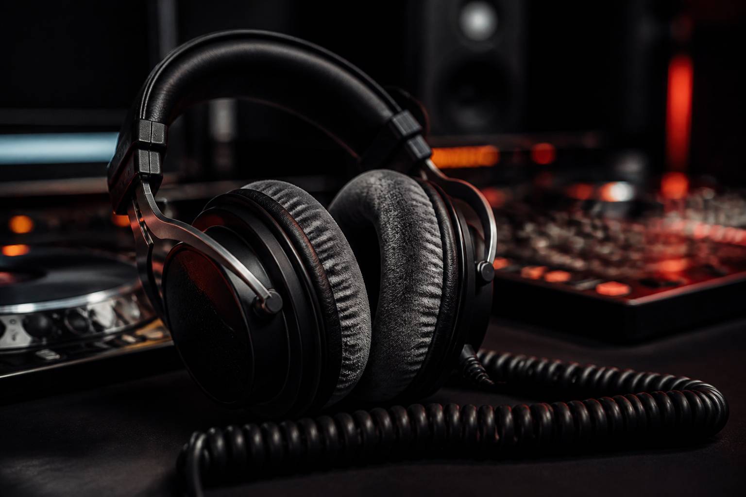 Casque de studio fermé avec oreillettes en velours gris et câble en spirale sur fond sombre
