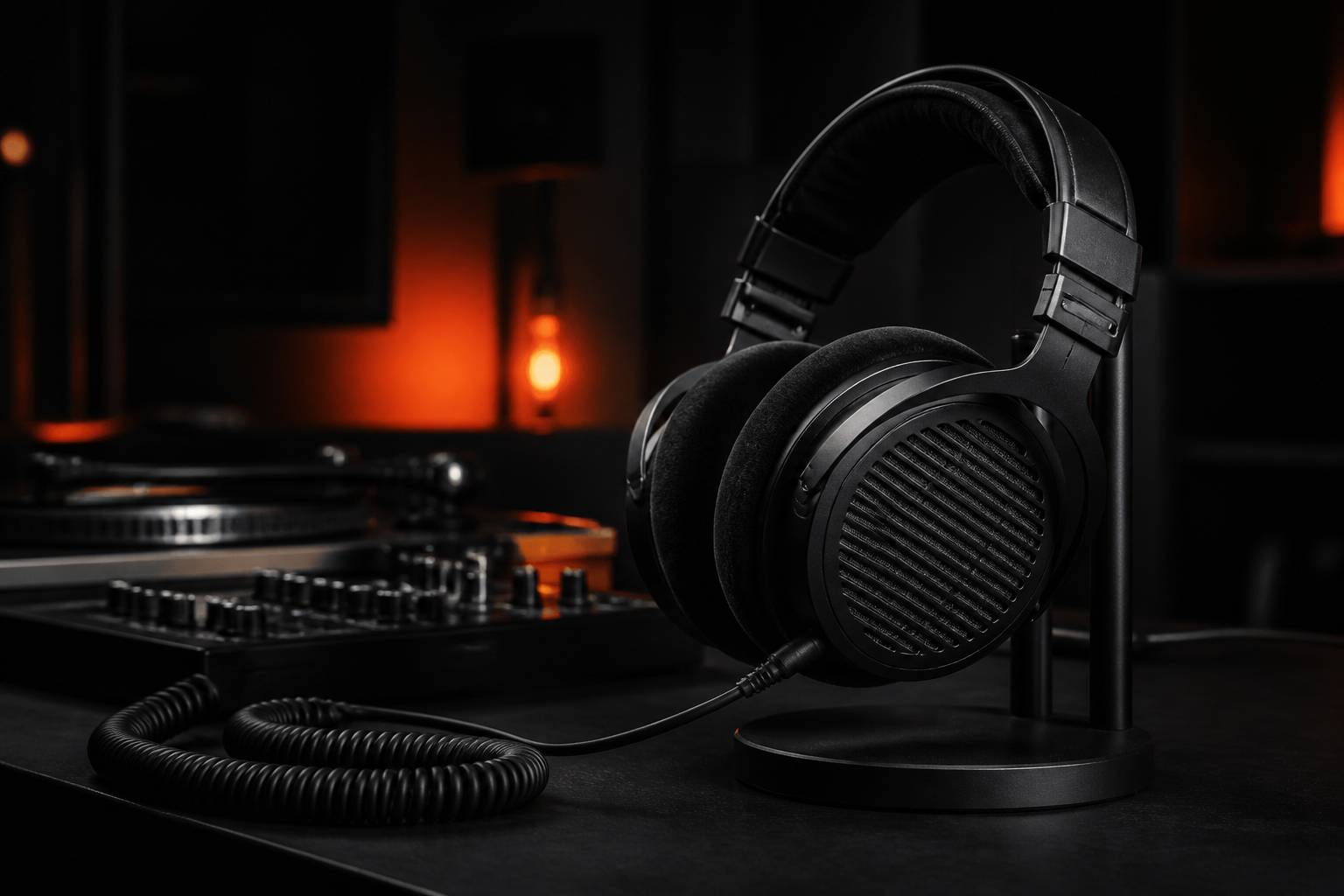 Casque studio ouvert posé sur un support avec son câble en spirale