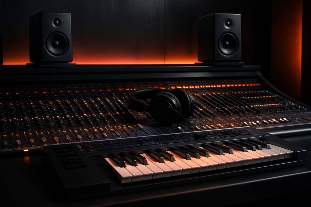 Casque de monitoring fermé noir posé sur une table de mixage dans un studio sombre