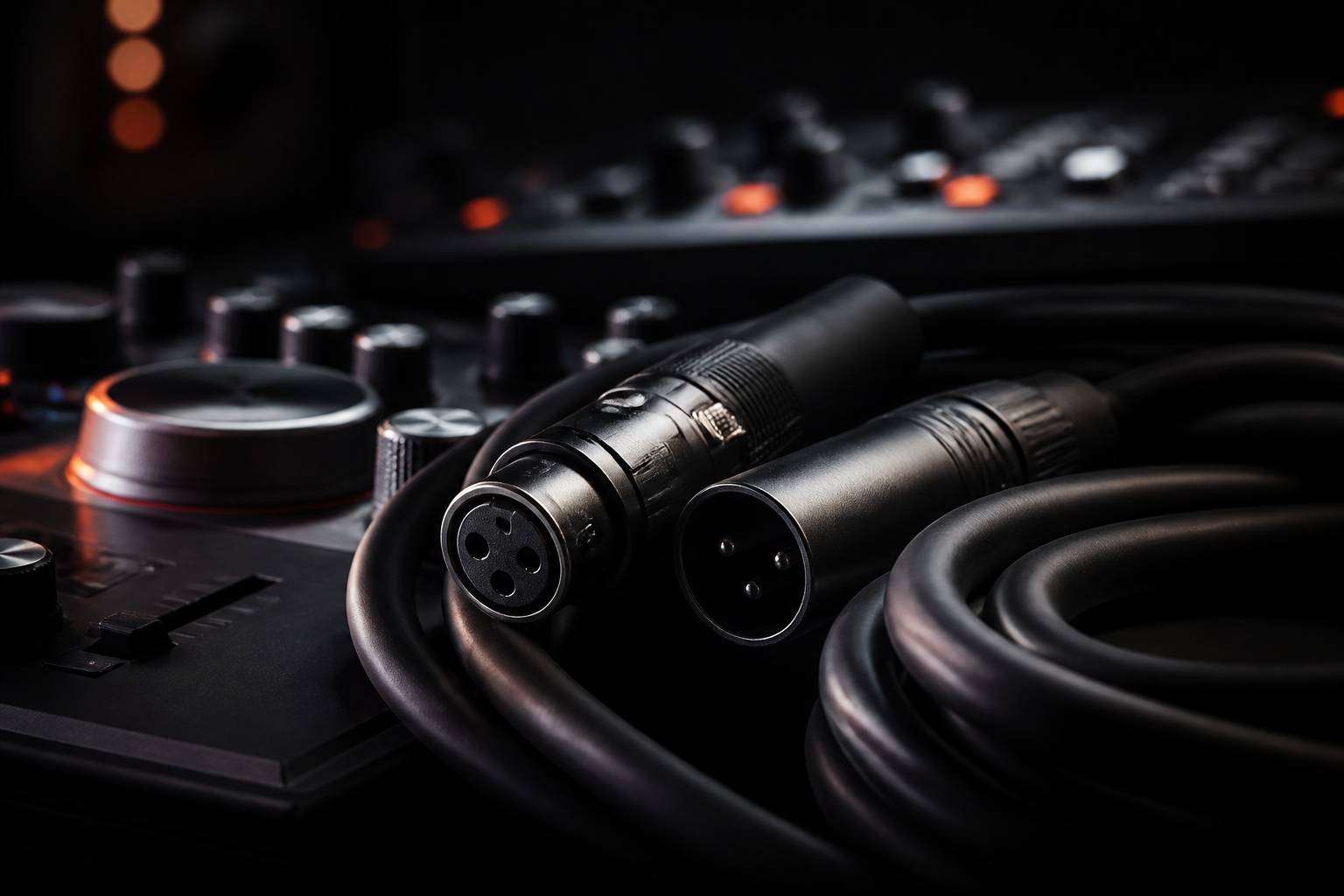 Gros plan d'un connecteur XLR métallique avec son câble gainé