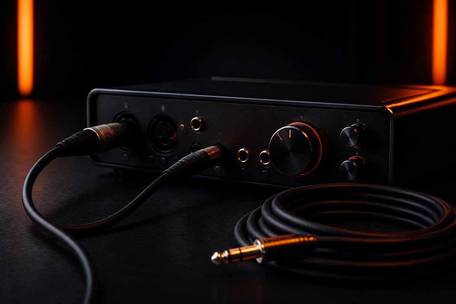 Connecteurs XLR et Jack TRS branchés sur une interface audio de studio