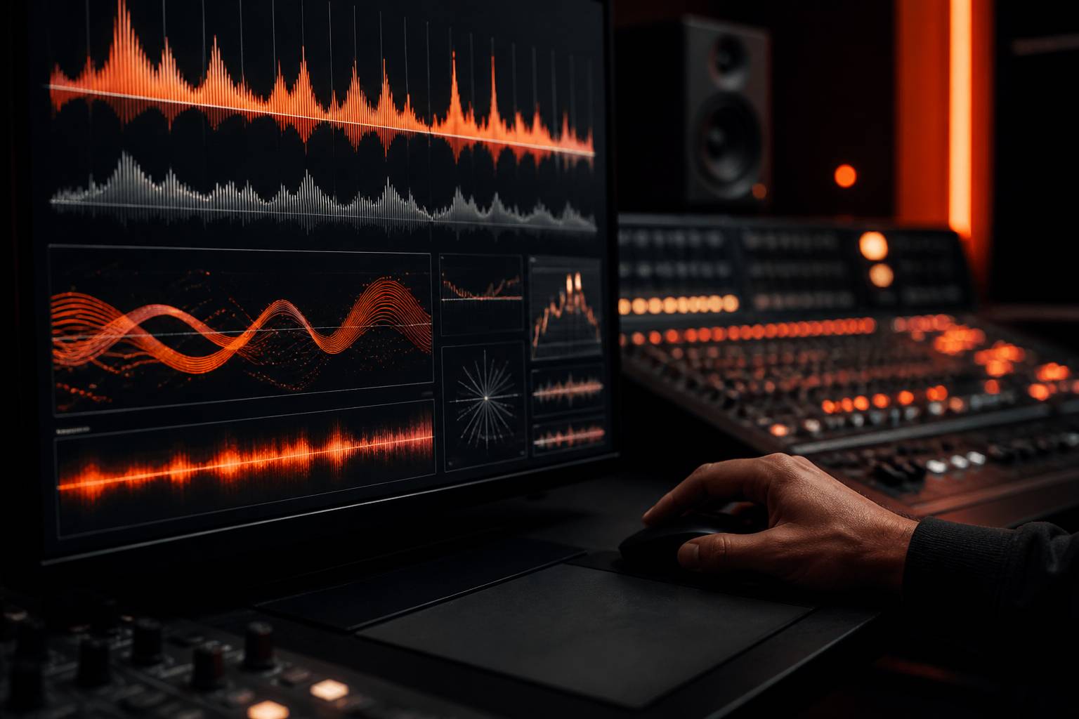 Écran de studio avec courbes spectrales abstraites et main sur souris
