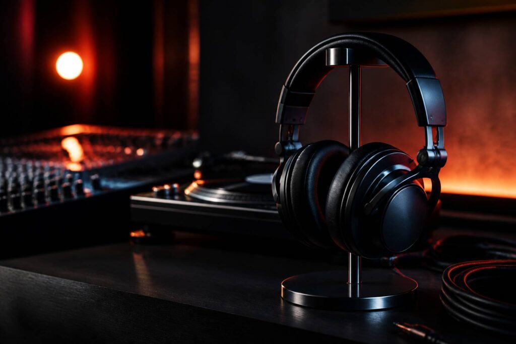 Casque fermé de studio posé sur un support en métal