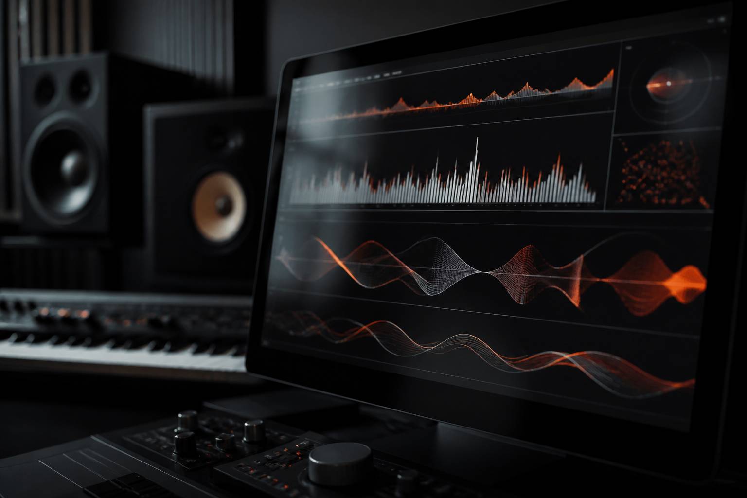 Écran d'ordinateur montrant une interface audio abstraite avec courbes de fréquences et clavier MIDI