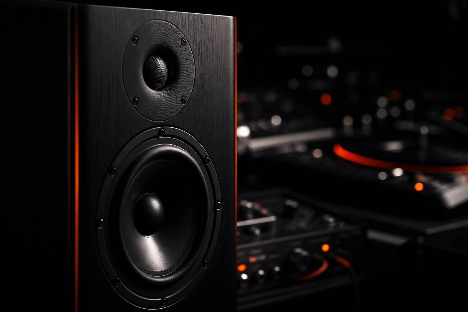 Haut-parleur et tweeter d'une enceinte de monitoring en bois sombre