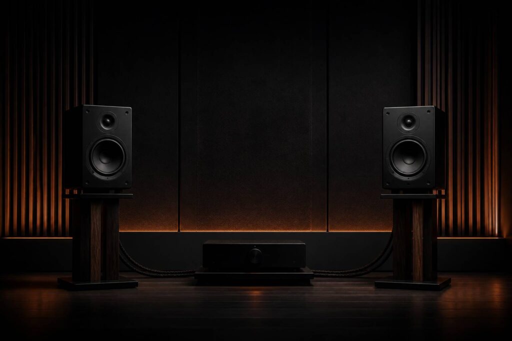 Paire d'enceintes bibliothèque noir mat sur supports en bois dans un home-studio sombre