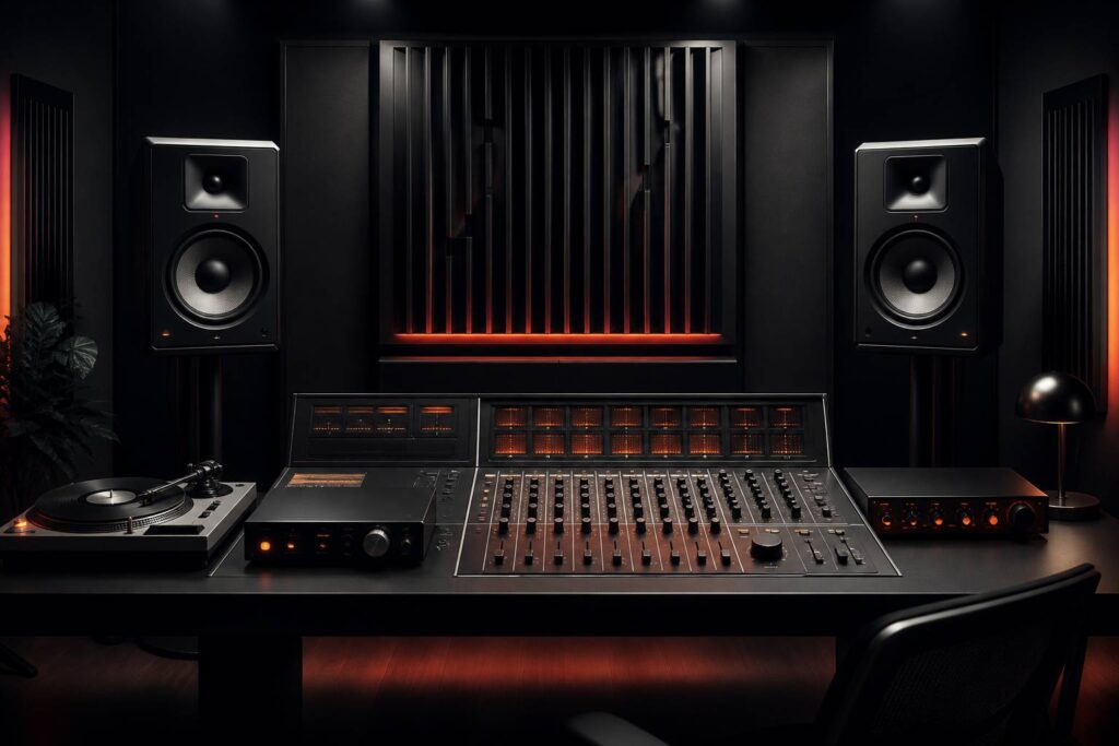 Paire d'enceintes de monitoring sans marque dans un studio sombre