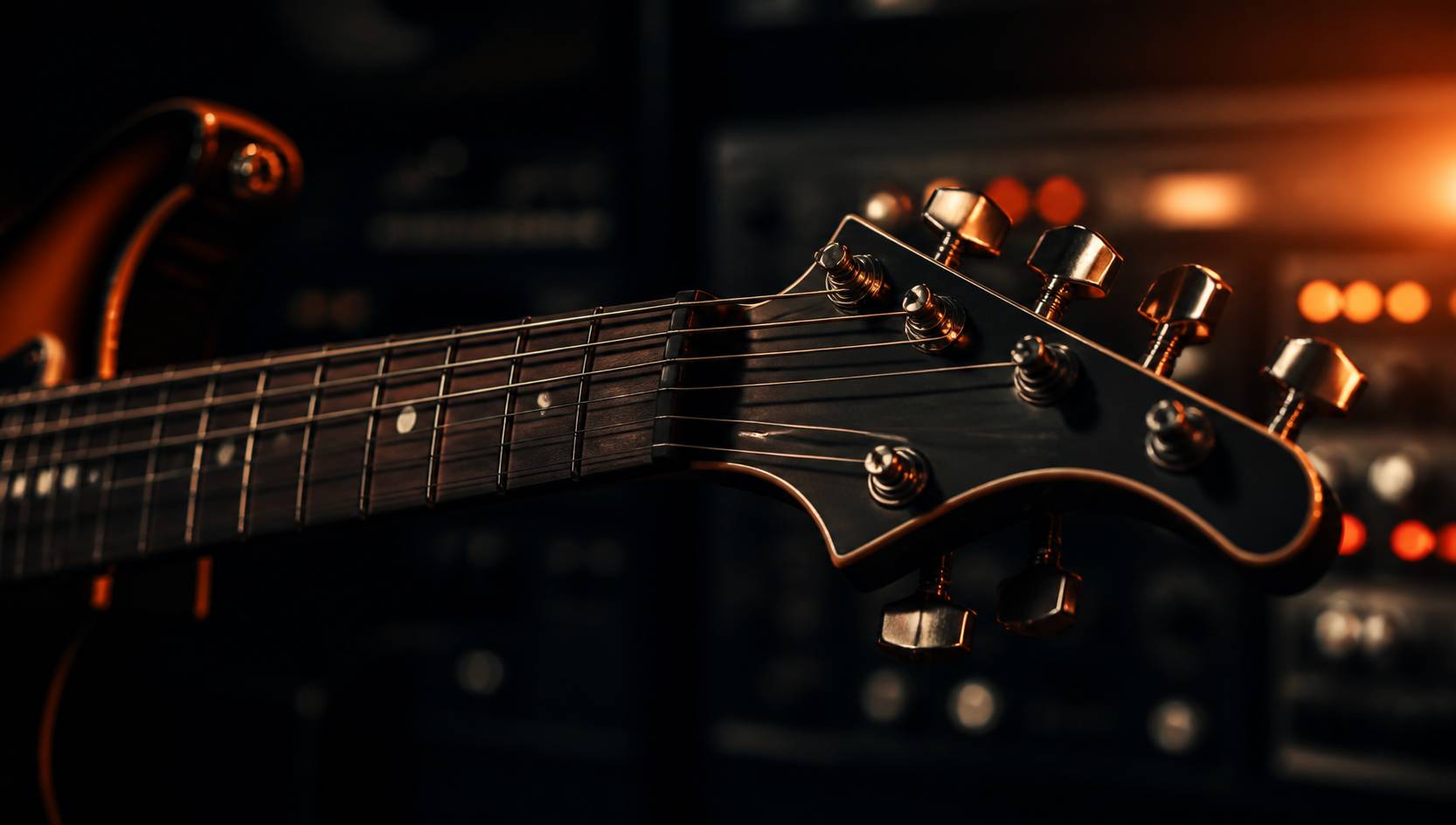 Manche et frettes d'une guitare électrique dans une lumière de studio