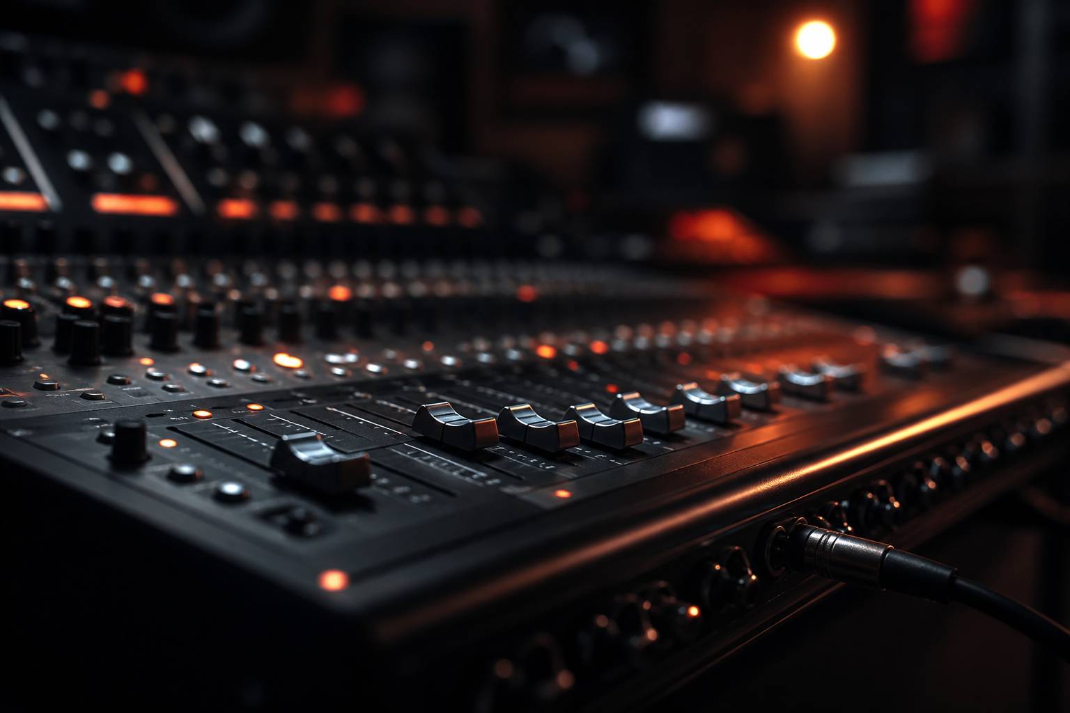 Faders et molettes d'une table de mixage numérique éclairés en orange