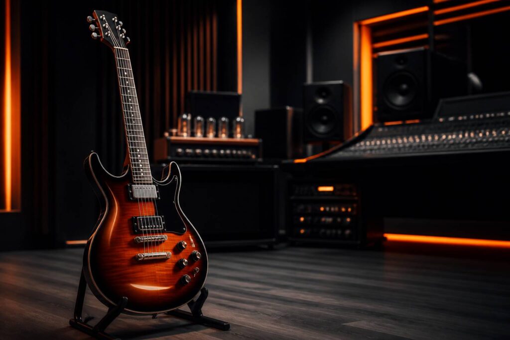 Guitare électrique à corps fin dans un studio sombre
