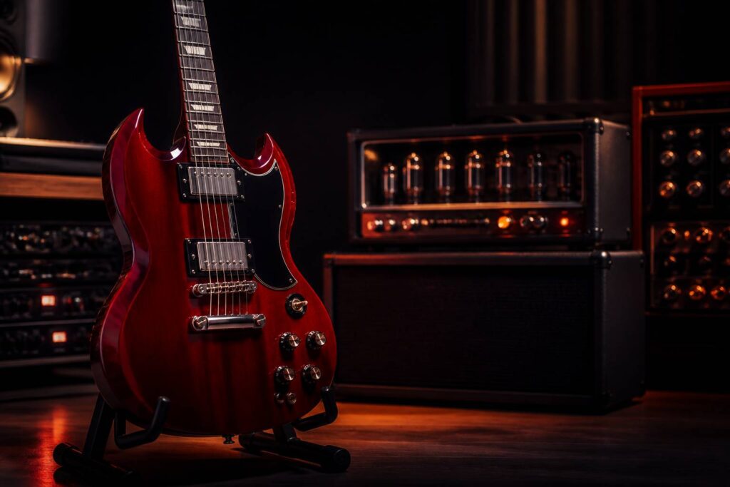 Guitare électrique rouge dans un studio sombre avec éclairage dramatique