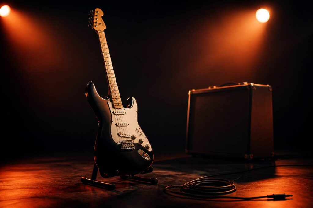 Guitare électrique posée sur un support devant un fond sombre