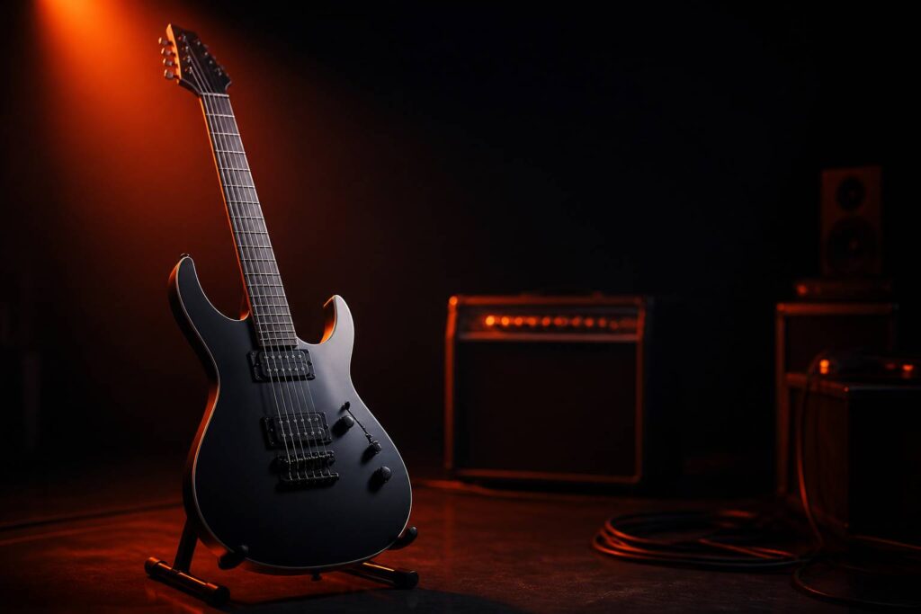 Guitare électrique sombre posée sur un support en studio