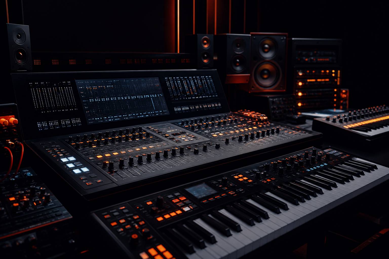 Synthétiseur avec table de mixage et clavier MIDI en home-studio