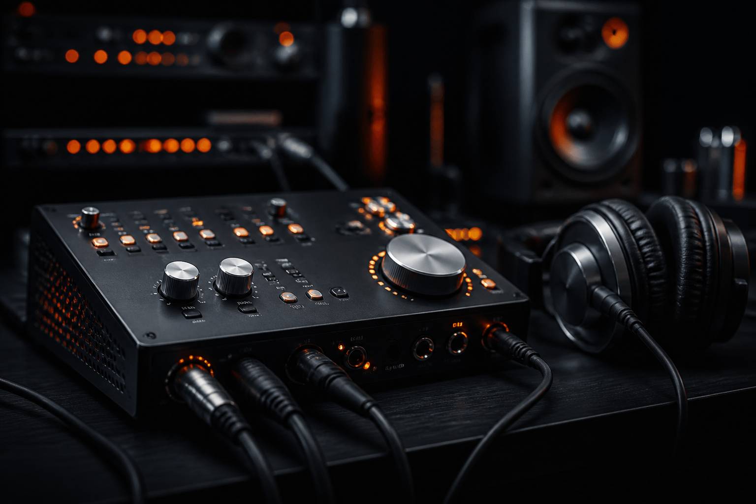 Interface audio avec molettes métalliques et câbles XLR