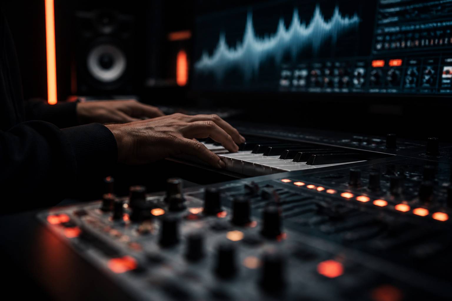 Mains jouant sur un clavier MIDI face à des formes d'onde abstraites