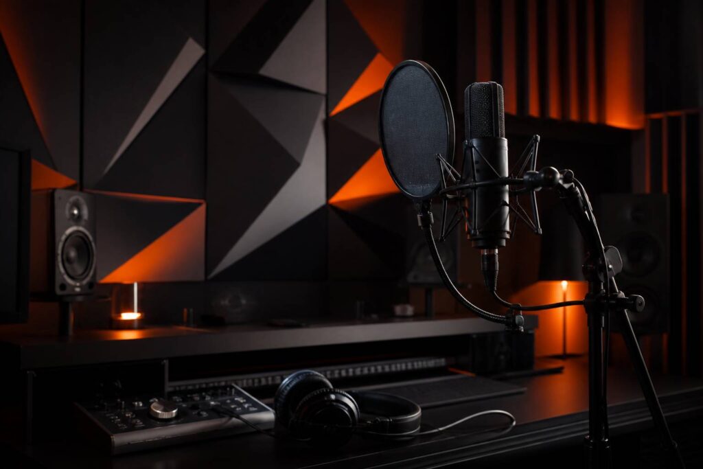 Microphone à condensateur sur pied avec filtre anti-pop en studio sombre