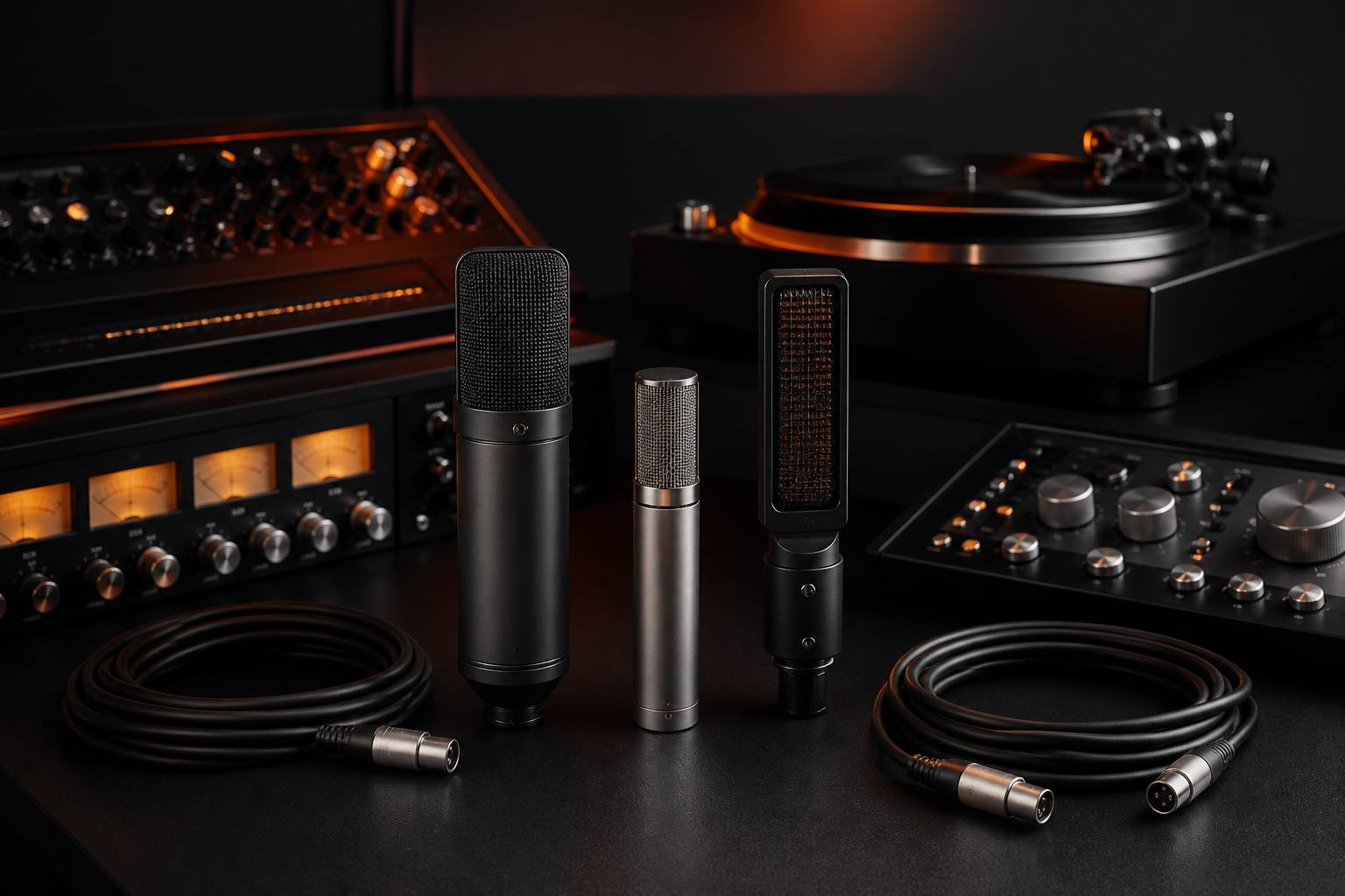 Trois microphones de studio aux capsules différentes sur un bureau sombre
