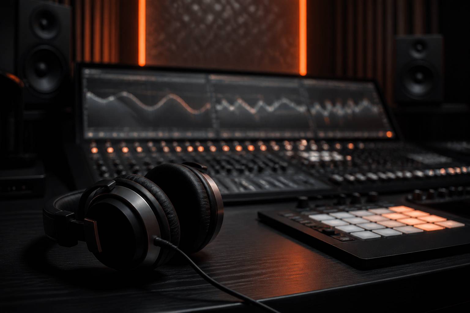 Courbes d'égalisation et faders flous sur écran de mixage avec casque