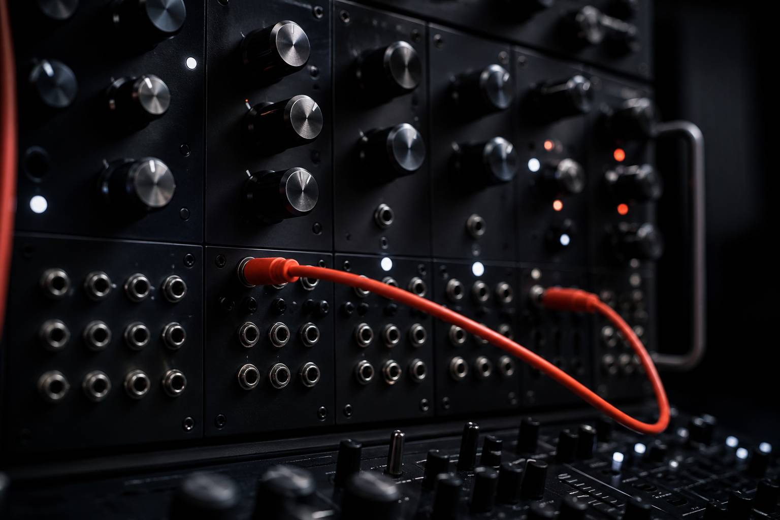 Gros plan sur boutons et potentiomètres d'un synthétiseur avec câble patch orange