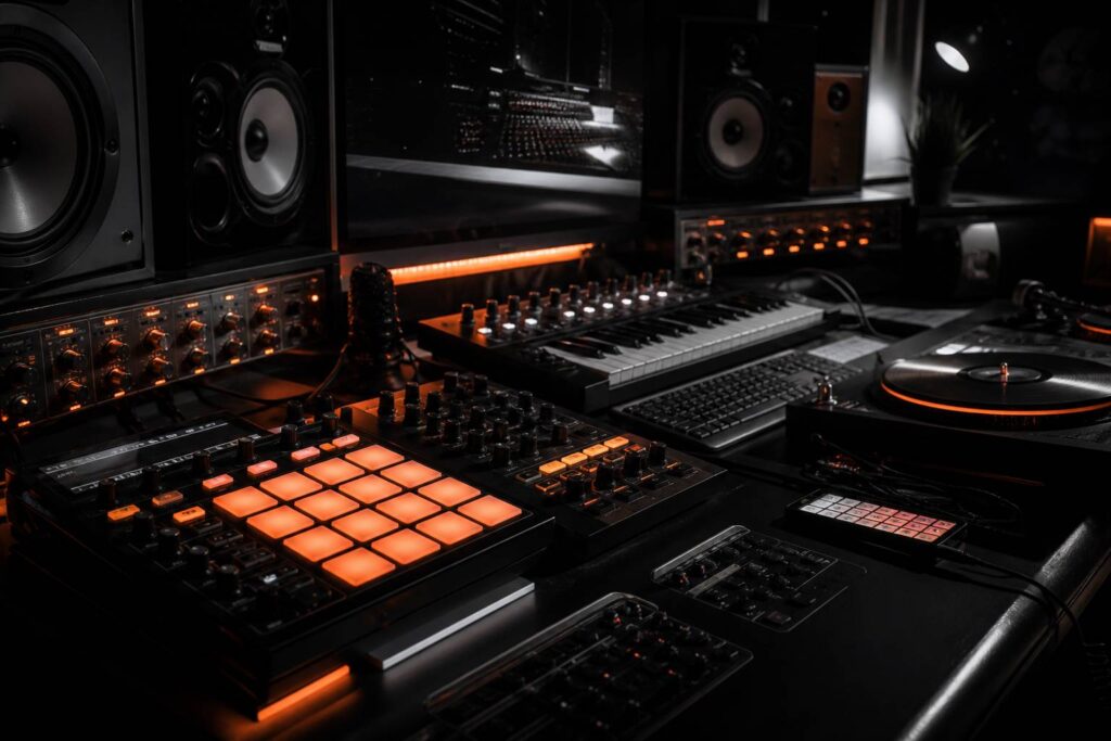 Sampler à pads rétroéclairés dans un studio sombre premium