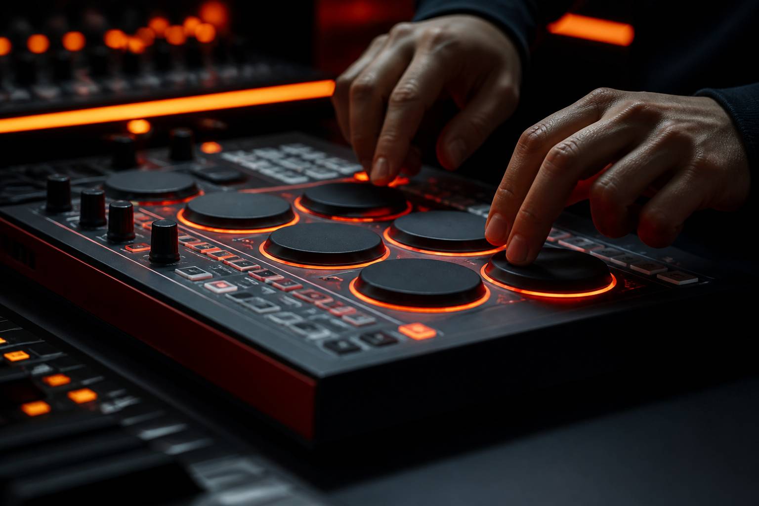 Pads rétroéclairés orange d'un contrôleur MIDI en cours de programmation rythmique