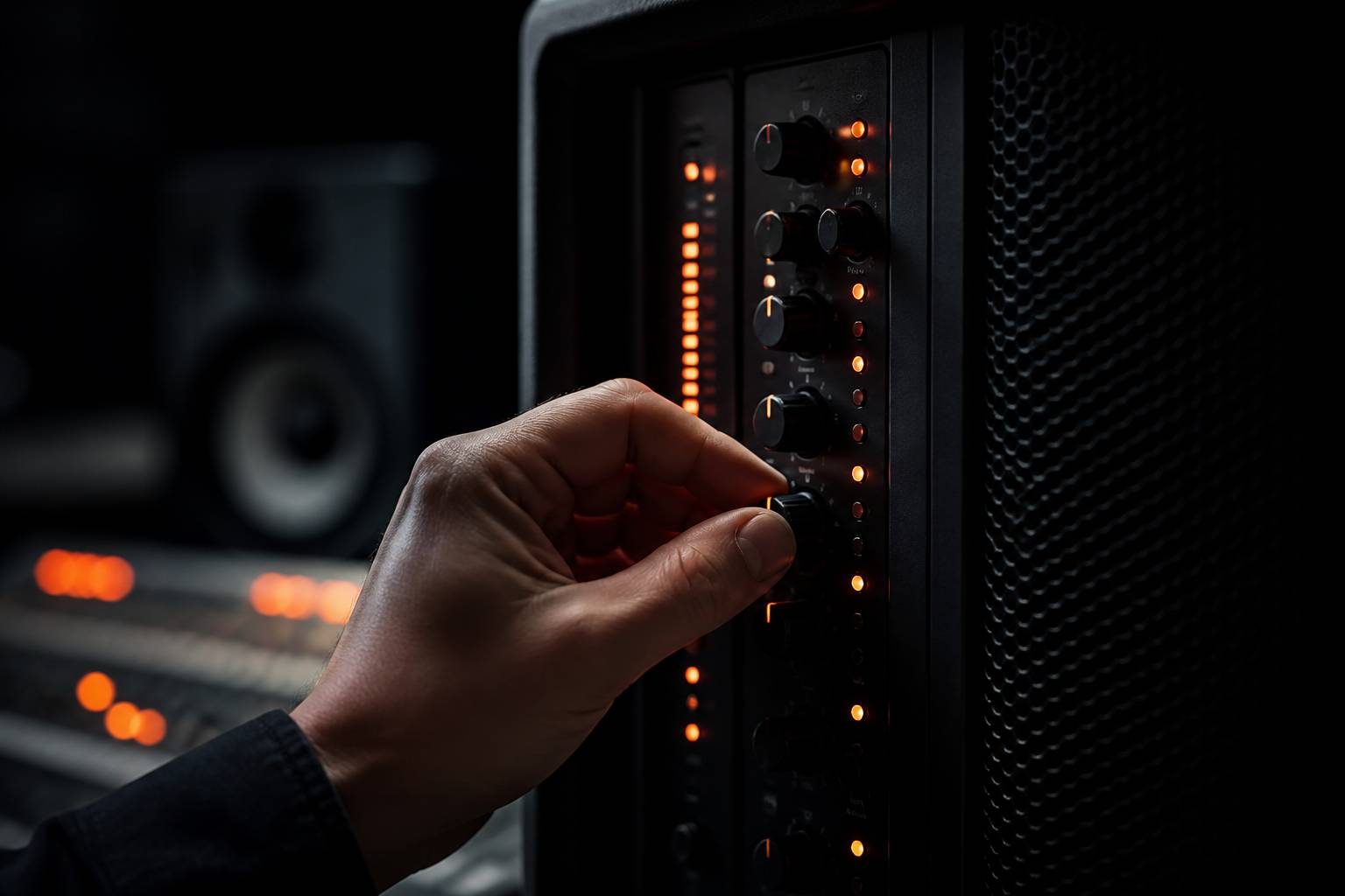 Panneau de contrôle d'enceinte avec potentiomètres et LED orange