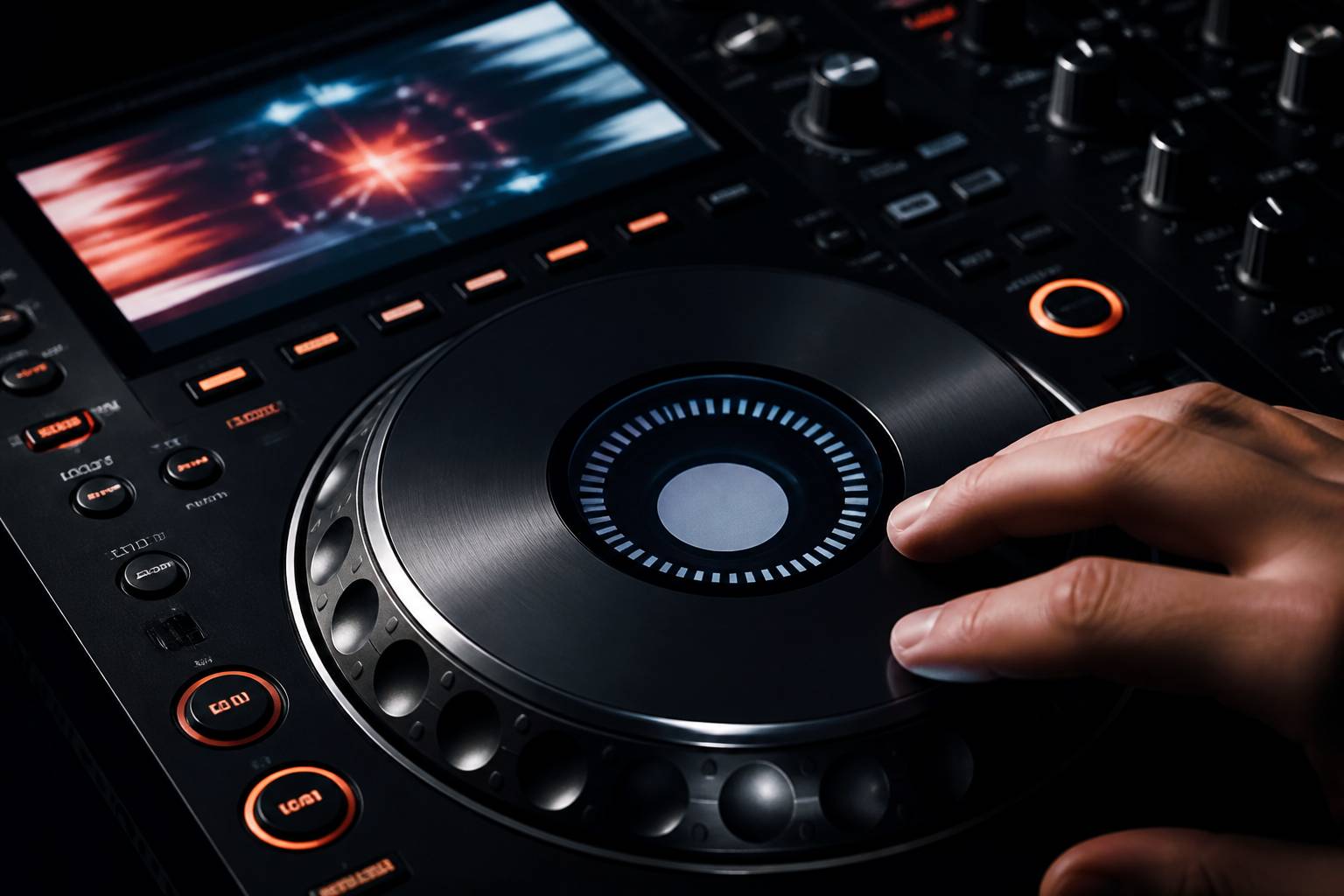 Dessus de platine DJ avec grand ecran, jog wheel et boutons retroeclaires