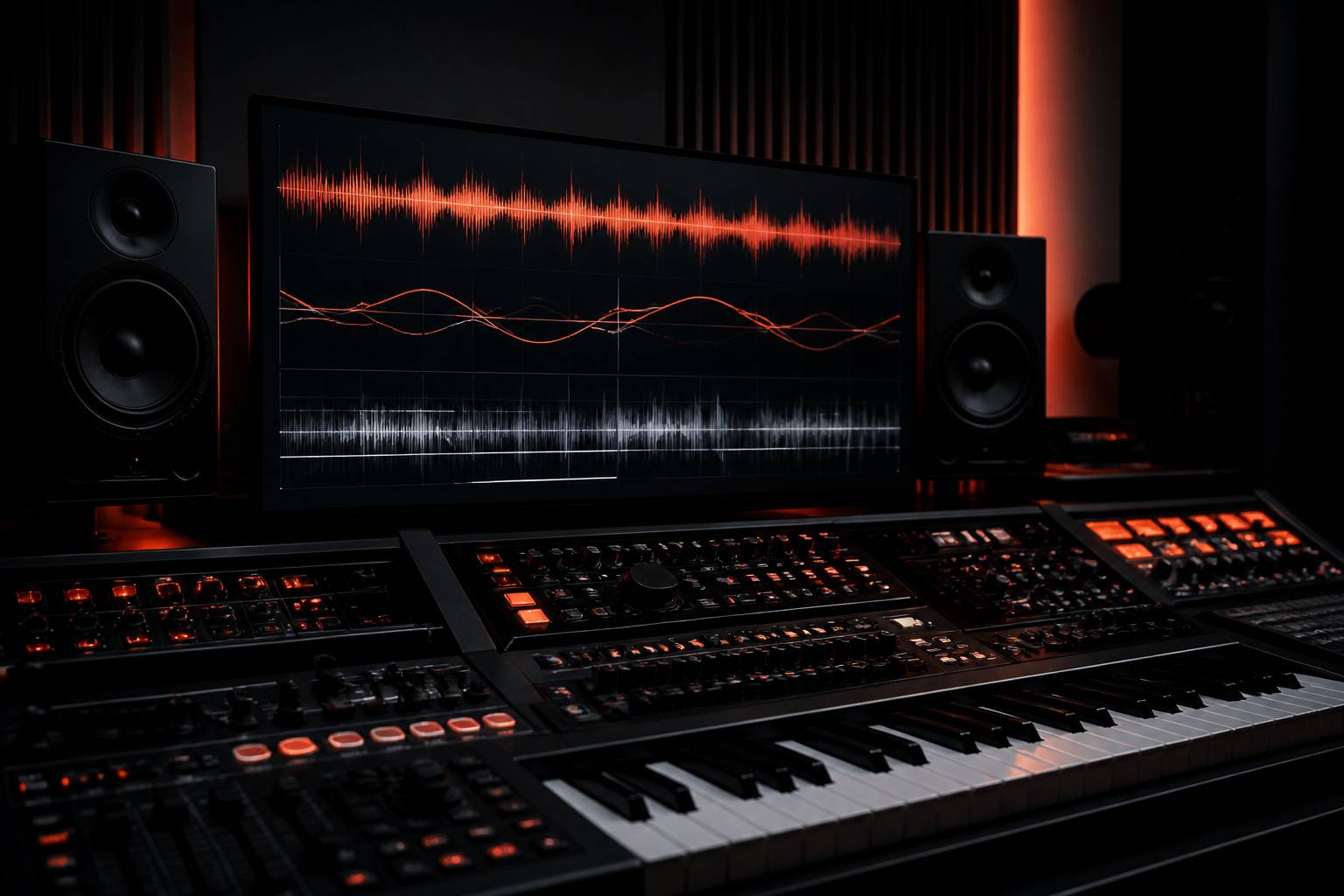 Écran de studio avec courbes de correction vocale et clavier MIDI au premier plan