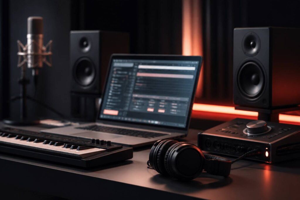 Home studio avec ordinateur, clavier MIDI et enceintes de monitoring