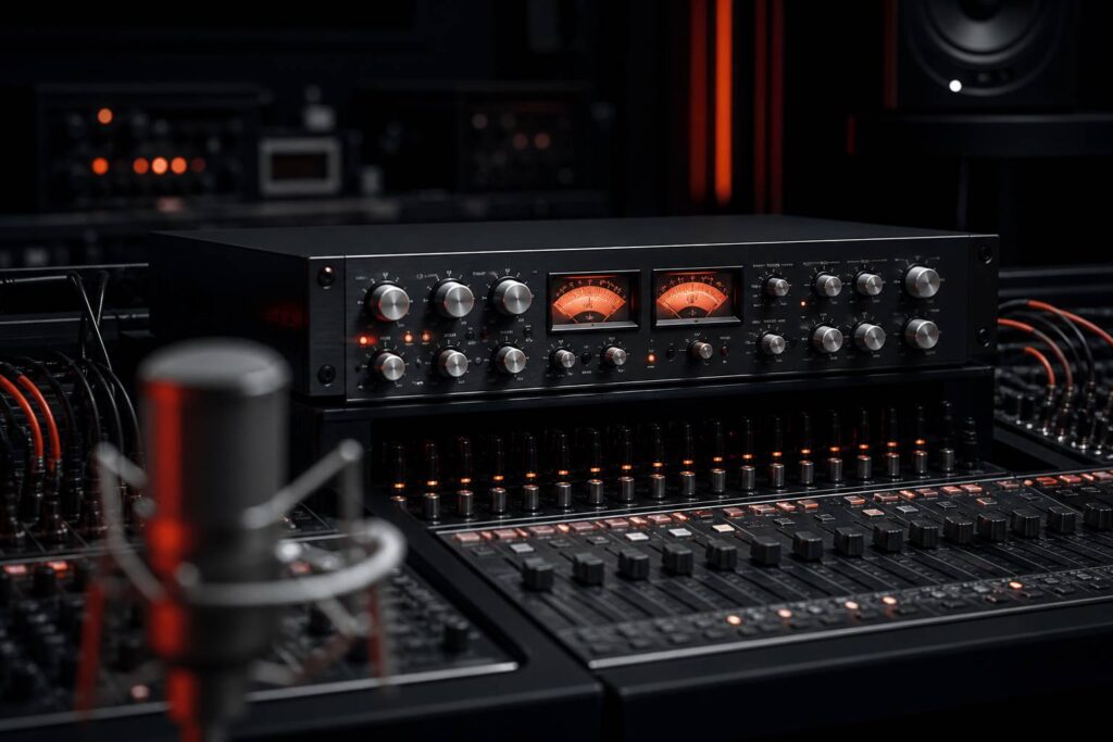 Préamplificateur studio rackable avec boutons rotatifs et vu-mètres sur une console