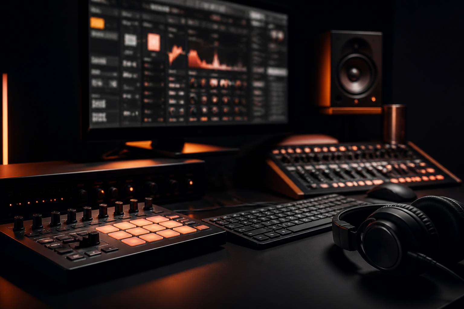 Contrôleur MIDI et écran de plug-in audio dans un home-studio