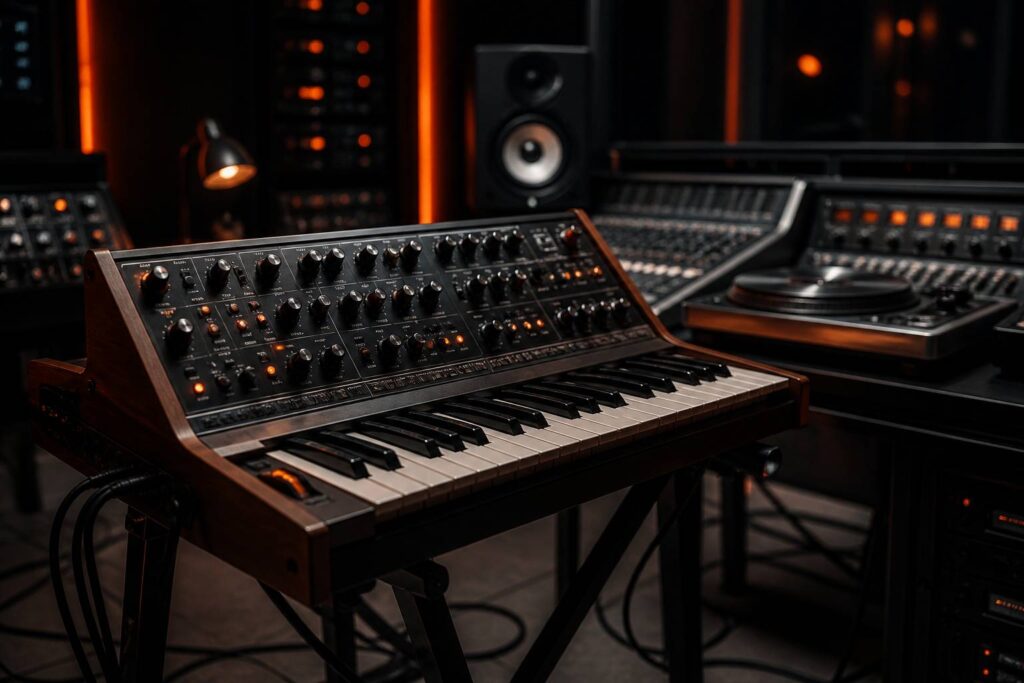 Synthétiseur analogique générique à clavier dans un studio sombre
