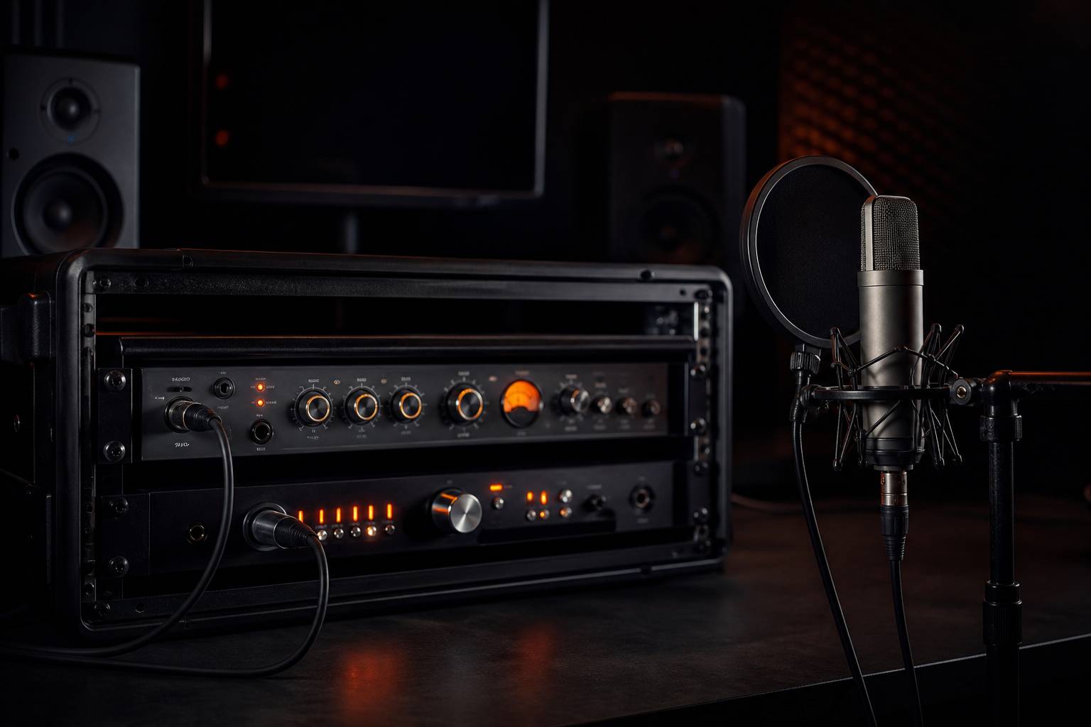 Rack de studio avec préampli branché en XLR et micro à condensateur devant