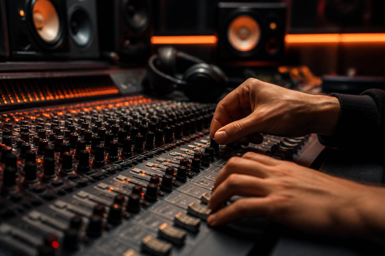 Mains ajustant des boutons sur une console de mixage en studio
