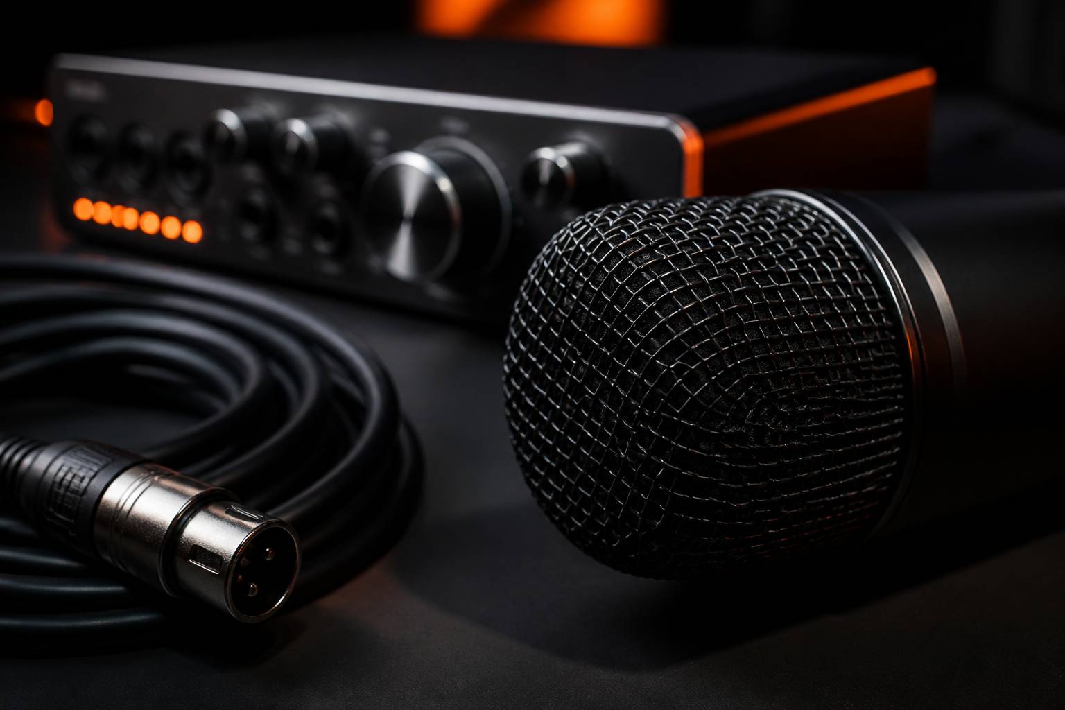 Gros plan de grille de micro avec câble XLR enroulé