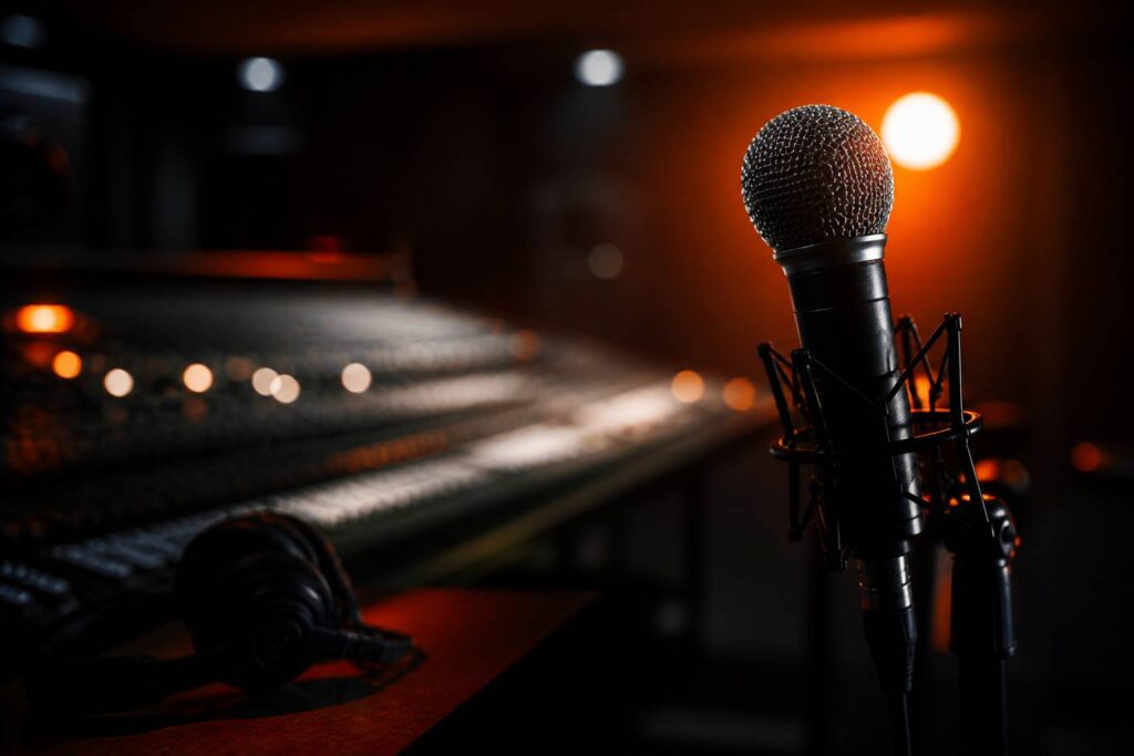 Microphone de chant à grille sphérique dans un studio sombre