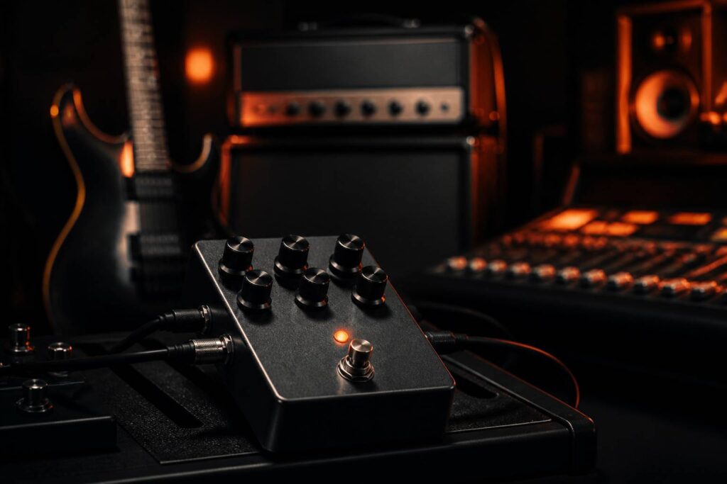 Pédale de distorsion sombre avec LED orange sur pedalboard