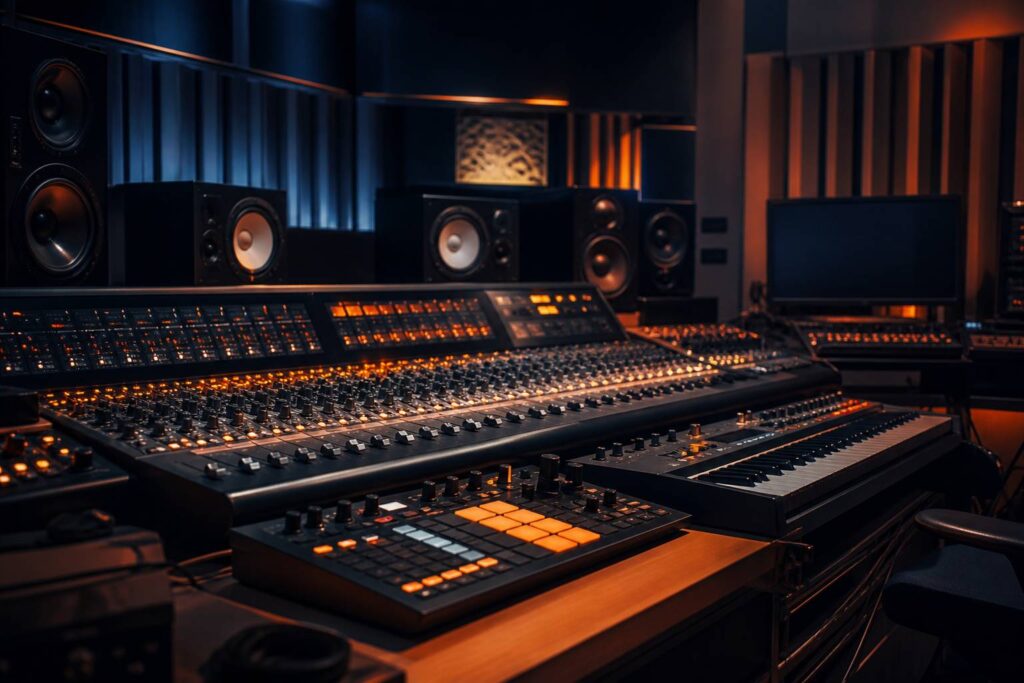Console de mixage et contrôleur MIDI dans un studio sombre