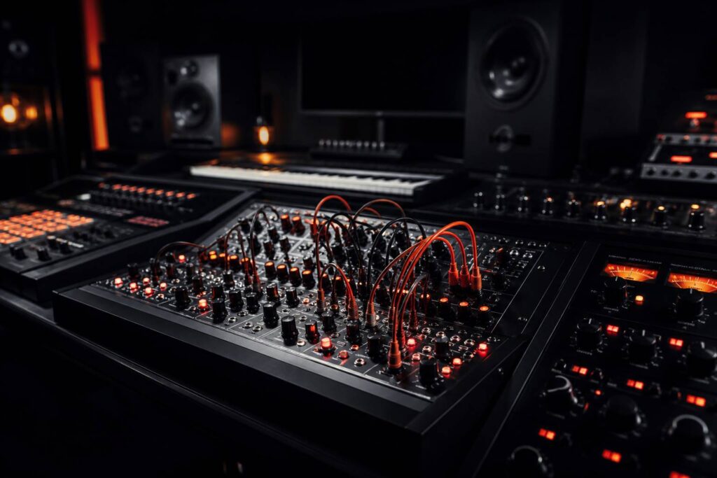 Studio sombre avec synthétiseur modulaire éclairé