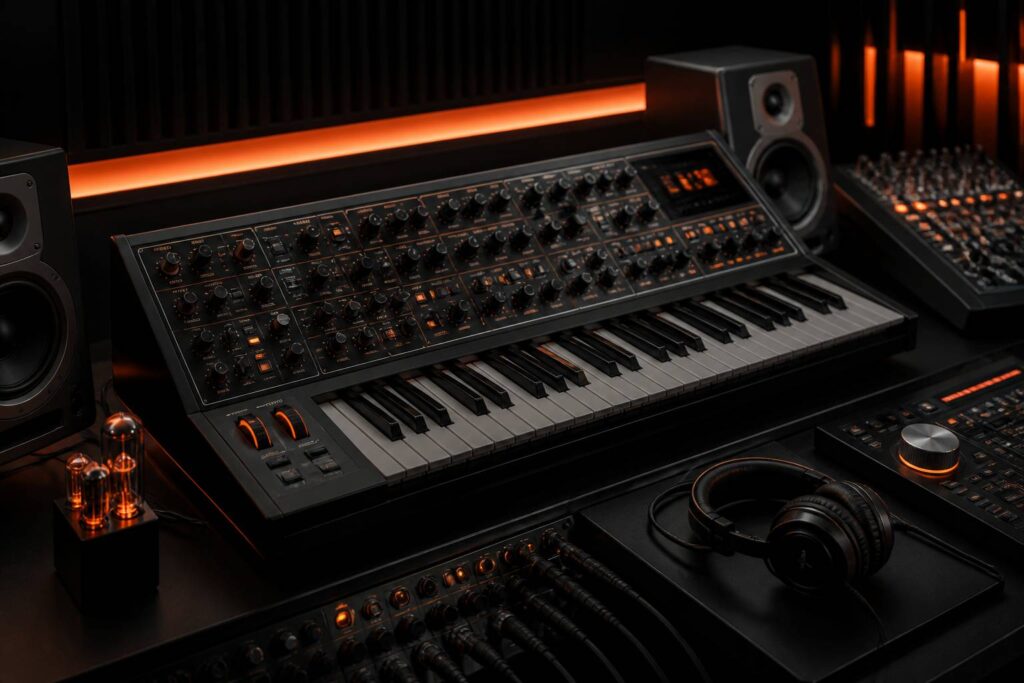 Synthétiseur analogique professionnel avec boutons et potentiomètres en studio